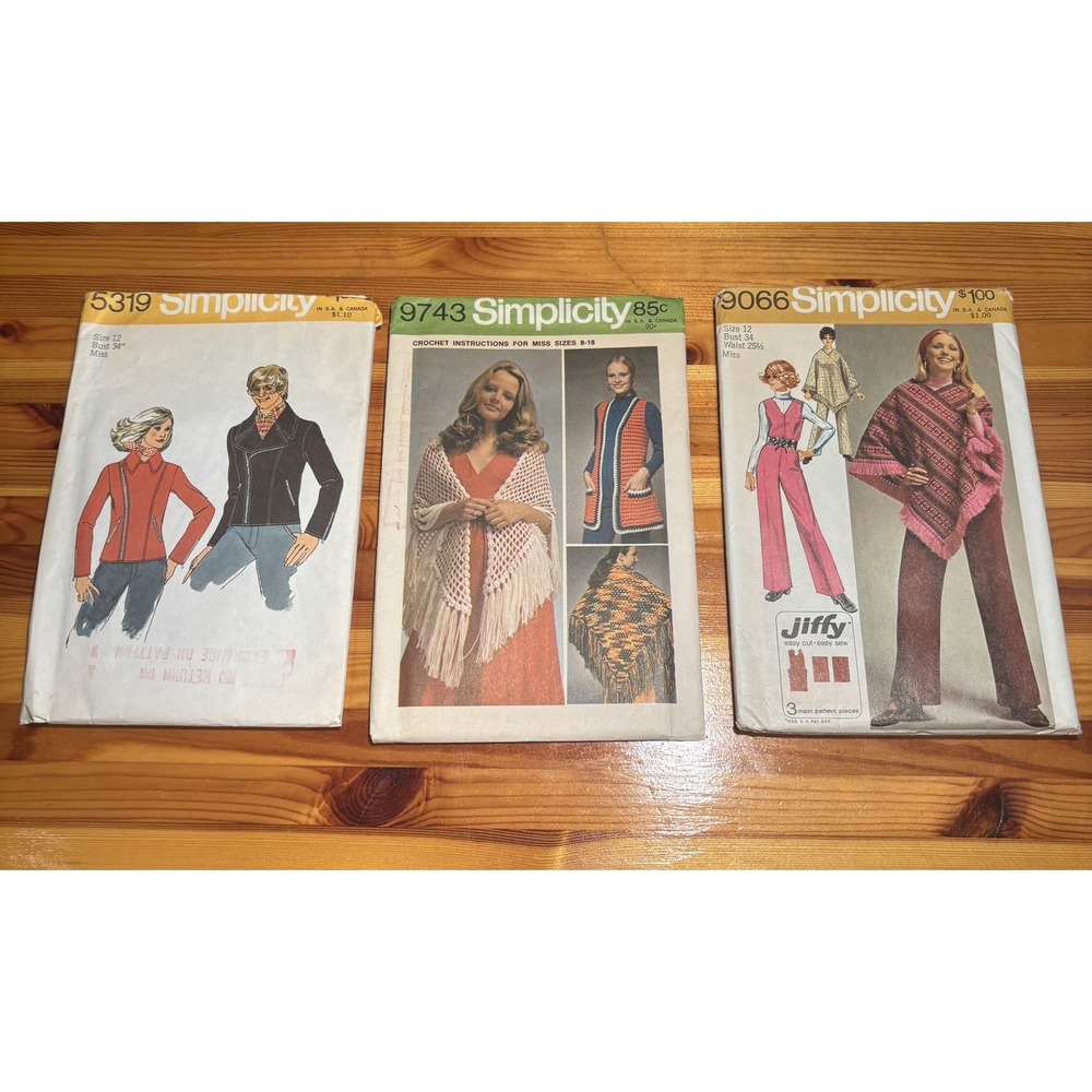 Lot of 3 Vintage 1970s Simplicity Sewing & Crochet Patterns - Boho Hippie Styles